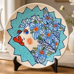 Diane Stoneware Plate 12" Blue Fish Floral Hand-painted Kissing Fish